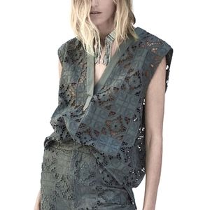 Zara openwork embroidered tunic top in khaki